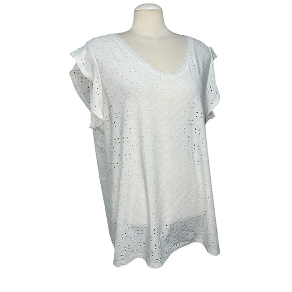 BloomChic V Neck Eyelet Cutout Flutter Cap Sleeve Blouse Sz 18-20 (2XL) White - Picture 5 of 9